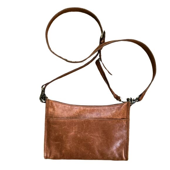 Frye Cognac Leather Crossbody Bag — Embroidered Front, Adjustable Strap - Picture 3 of 5